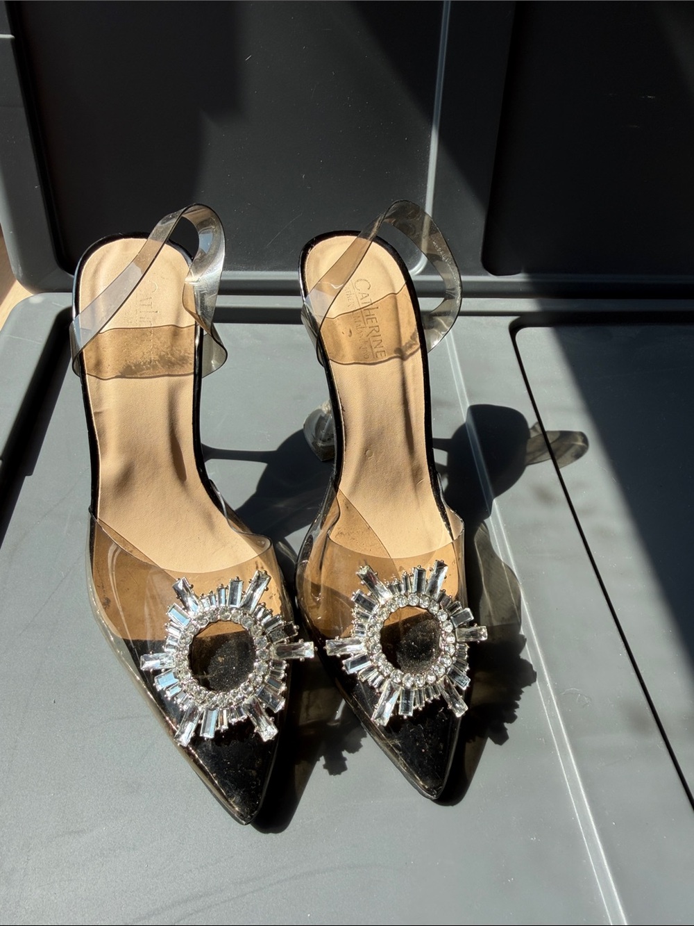 Catherine Malandrino Clear PVC Pointed Slingback Heels with Crystal Sunburst